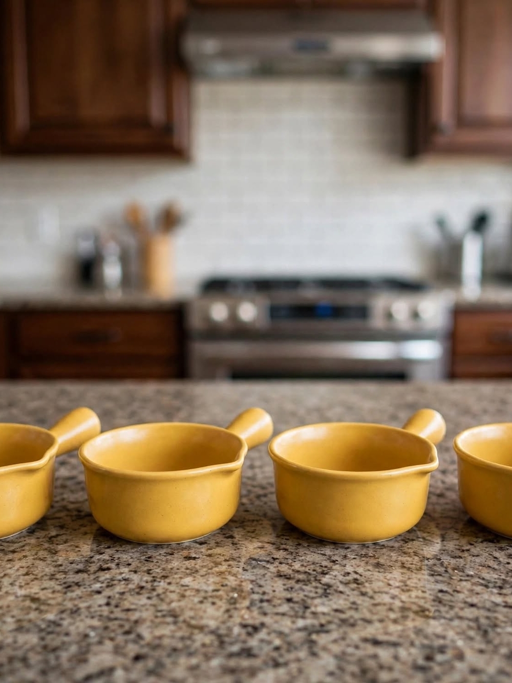 Technique Flame Set of 4 2-Cup Ceramic Soup Bowls w/ Handles Rare Mustard Yellow
